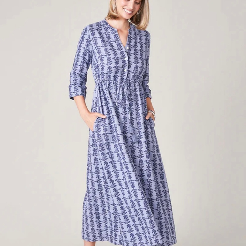 Spartina 449 Kennedy Shirt Linen Midi-dress, 3/4 sleeves, tassel draw cord waist